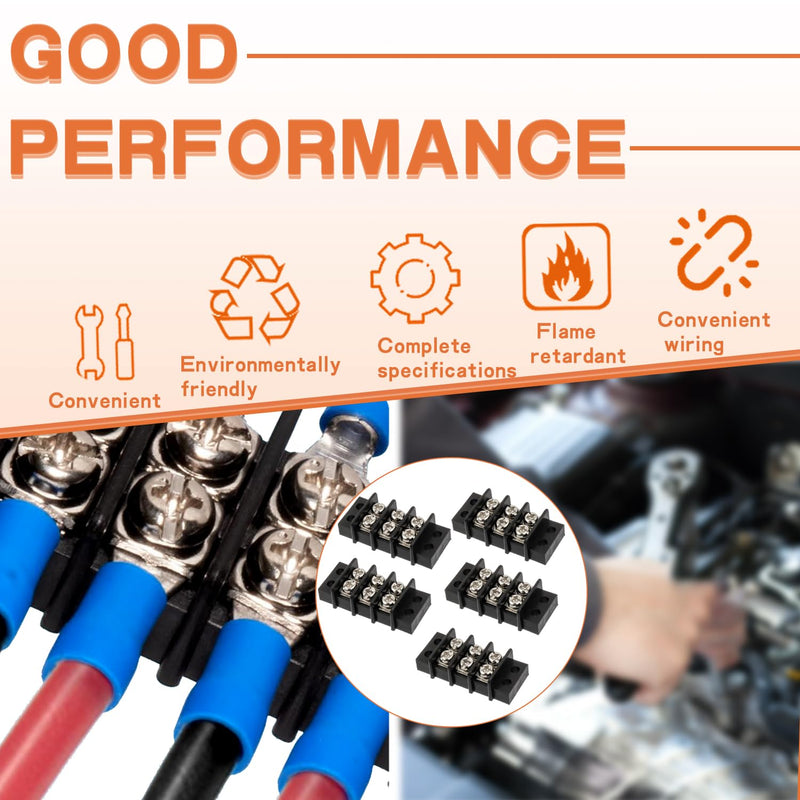 [Australia - AusPower] - 3 Circuits 3 Positions Terminal Block 20-30A 200-450V Dual Row Screw Terminals Strip with 30 PCS Heat Shrink Wire Fork Connectors(Pack of 5pcs) 3 Circuits 