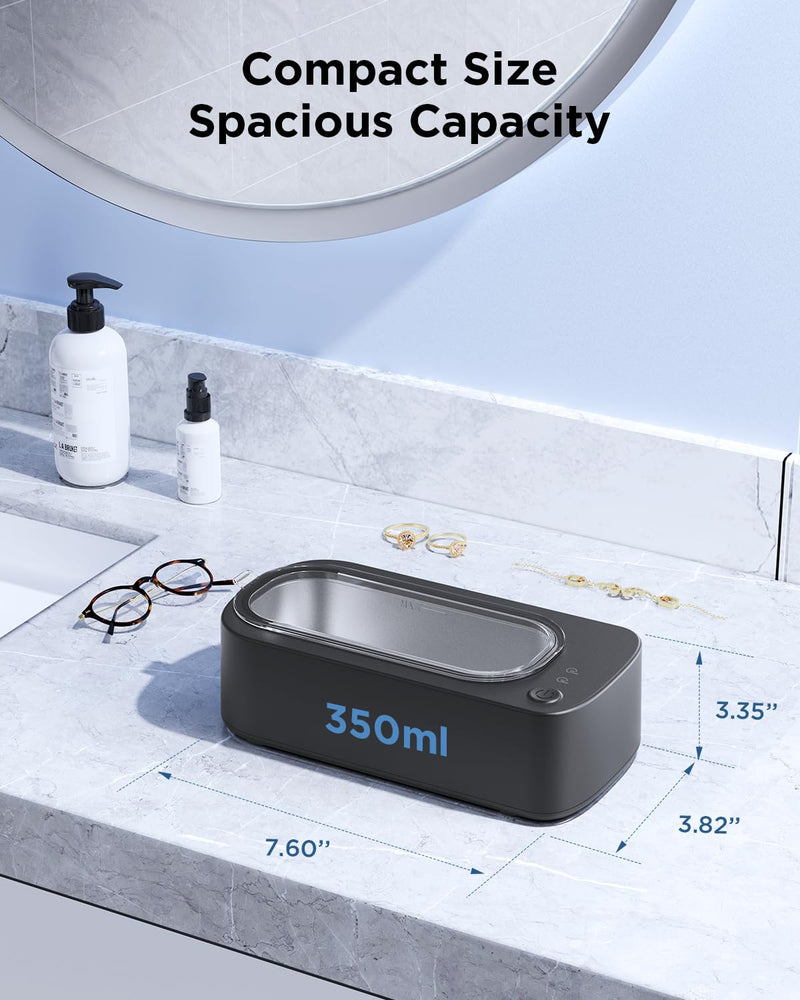 Ultrasonic Jewelry Cleaner Machine: 48KHz Ultra Sonic Cleaner for Jewelry,Eyeglass,Rings,Watch Band,Dentures,with Dual Cleaning Modes,350ML 304 Stainless Steel Tank,Gift for Wife,Mom,Daughter Black