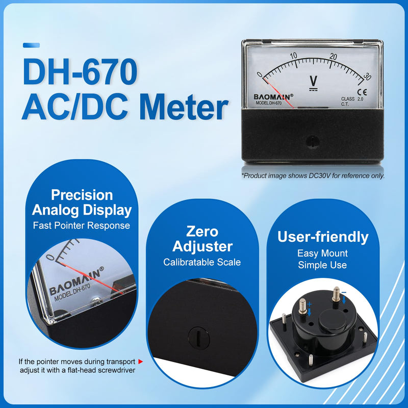 [Australia - AusPower] - Baomain Plastic Housing DH-670 AC 0-300V Rectangle Volt Analog Panel Meter Class 2.5 