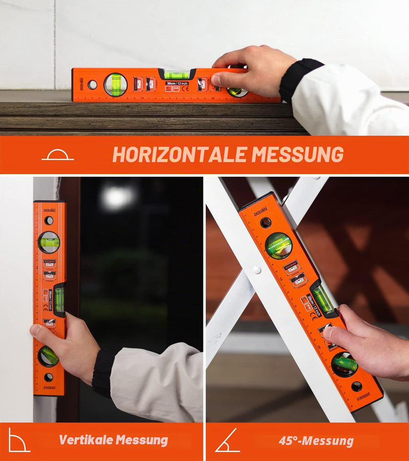 DOWELL Magnetic Spirit Level with Metric Scale 300 mm/12 Inches, 3 Different Levels - 45°/90°/180°