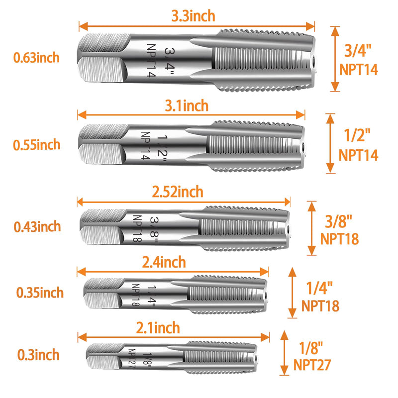 [Australia - AusPower] - 5-Piece NPT Pipe Tap Set, Precision Carbon Steel NPT Tap Set for Clean Accurate Threads, 3/4", 1/2", 3/8", 1/4", 1/8" NPT Tap, Perfect for Plumbers Mechanics DIYers, with Durable Plastic Case 5 Piece NPT Tap 