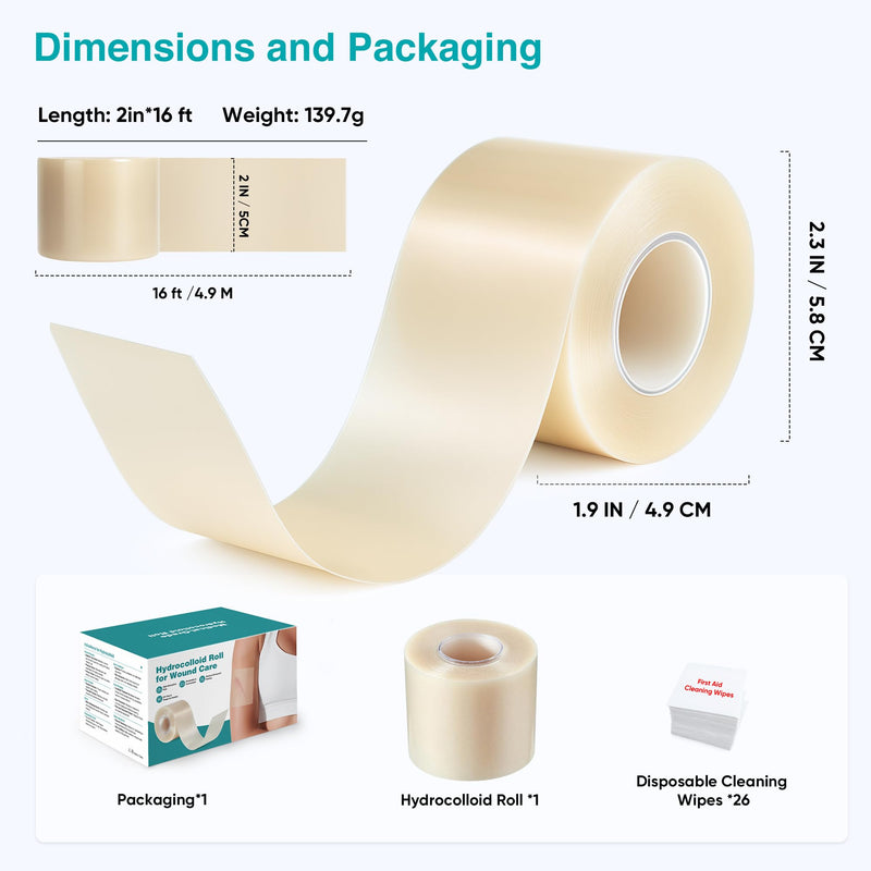 Derm Tape Hydrocolloid Roll - Acne & Pimple Patch Tape, Flexible Bandages Roll for Wound Care and Skin Protection, Cut-to-Size Hydrocolloid Tape for Daily Use (2in x 16ft) 2in*16ft*1pc