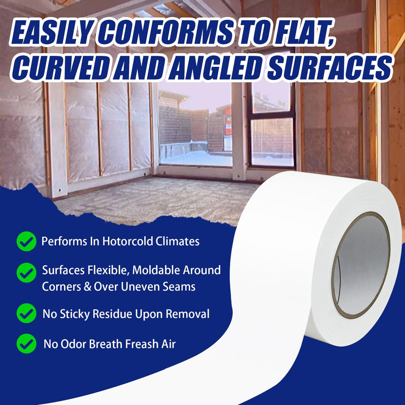 Bghdas 2 Roll, White Vapor Barrier Tape, 4" Wide x 180' Long, PE 9 mm Polyethylene Tape, for Stucco Waterproof Moisture Barriers Seal and Seam, for Crawlspaces, Insulation Repairs & Plastic Liners