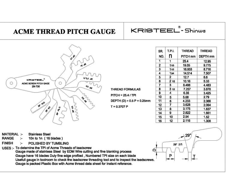 [Australia - AusPower] - Kristeel Shinwa Screw Pitch Gauge I 29 Degree Thread Angle 16 Blades 1N to 12N I Made In India 