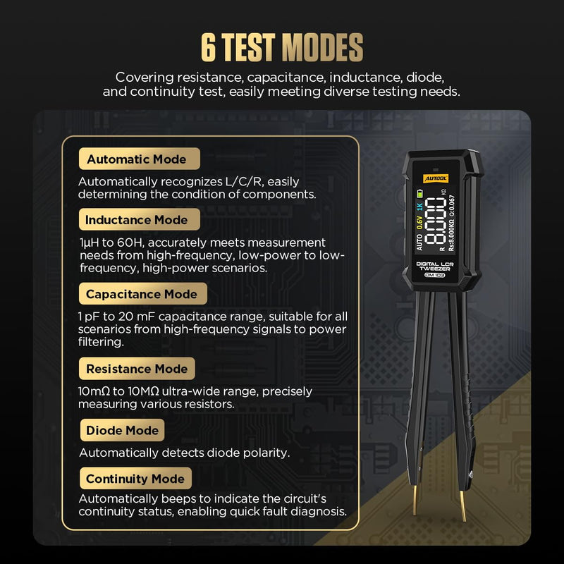 AUTOOL DM103 LCR Meter, LCR Meter, 10KHz LCR Meter Tweezer, Intelligent SMD Components Tester - Measuring Resistors, Chokes, Diodes, Capacitors, Voltage & Continuity Testing