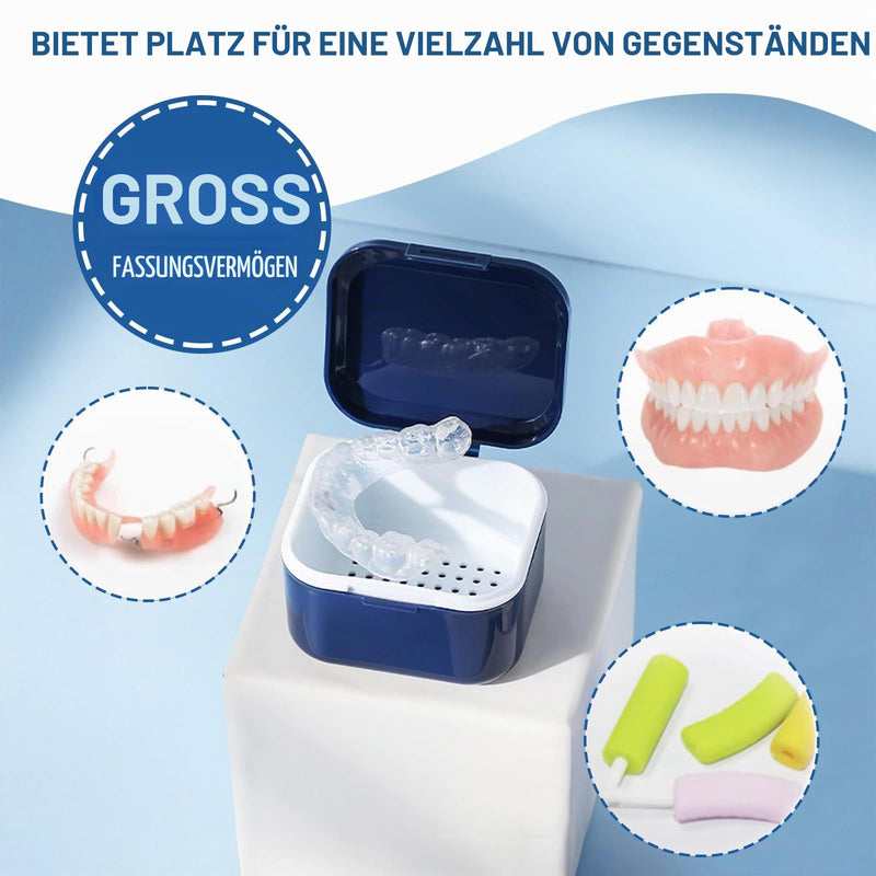 Denture Cup Box, Dental Prosthesis Storage Box with Cleaning Brushes, Denture Box with Strainer, Leak-Proof Prosthesis Box, Portable Denture Box, for False Teeth Storage, Cleaning (Navy Blue)