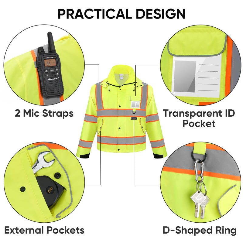 TICONN Reflective Rain Jacket Safety Jacket, Waterproof Hi Vis Rain Coat, Class III High Visibility Coat (Yellow&Black, S) Large Yellow