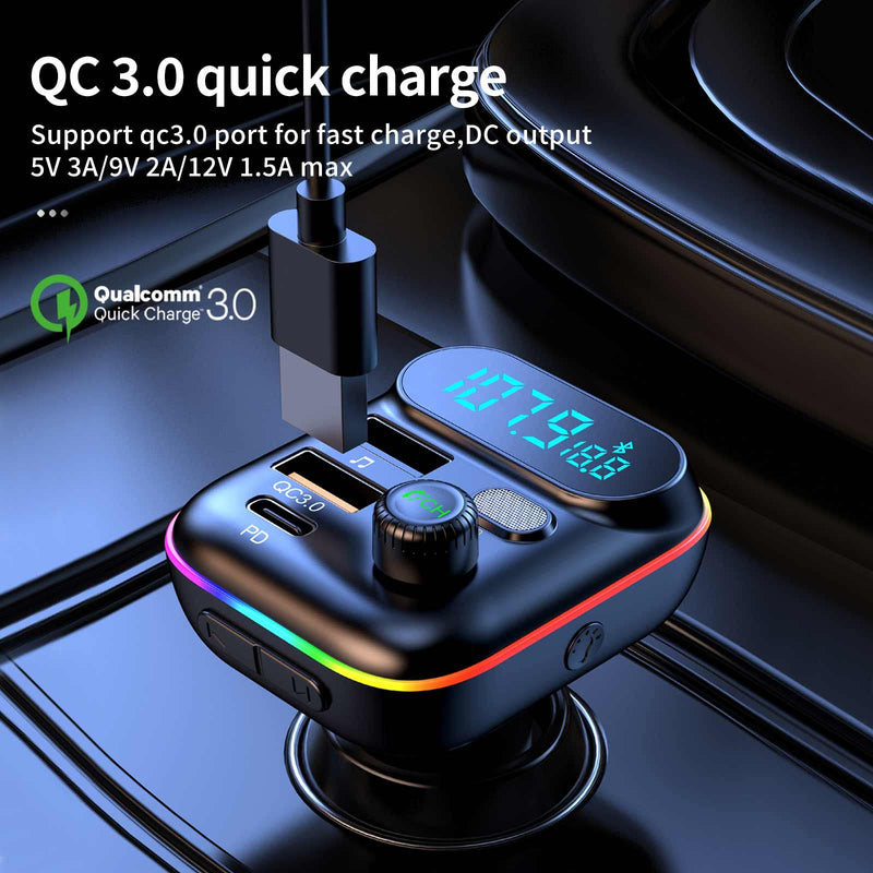 [Australia - AusPower] - Bluetooth Adapter for Car, Wireless FM Radio Transmitter, Wireless Bluetooth 5.0, MP3 Music Player, QC3.0 + PD 20W USB Car Charger, 7 Colors LED Backlit 
