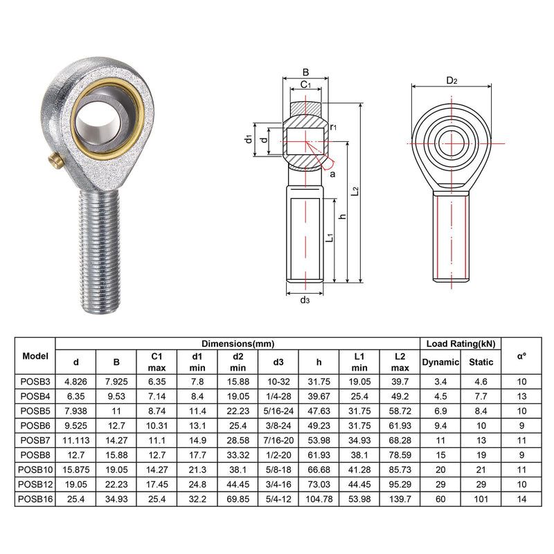 [Australia - AusPower] - uxcell 4pcs POSB8 Male Rod End Bearing 1/2 Inch Bore and 1/2-20 Right Hand Thread, Self-Lubricating Joint Rod Ends, Includes Jam Nuts 