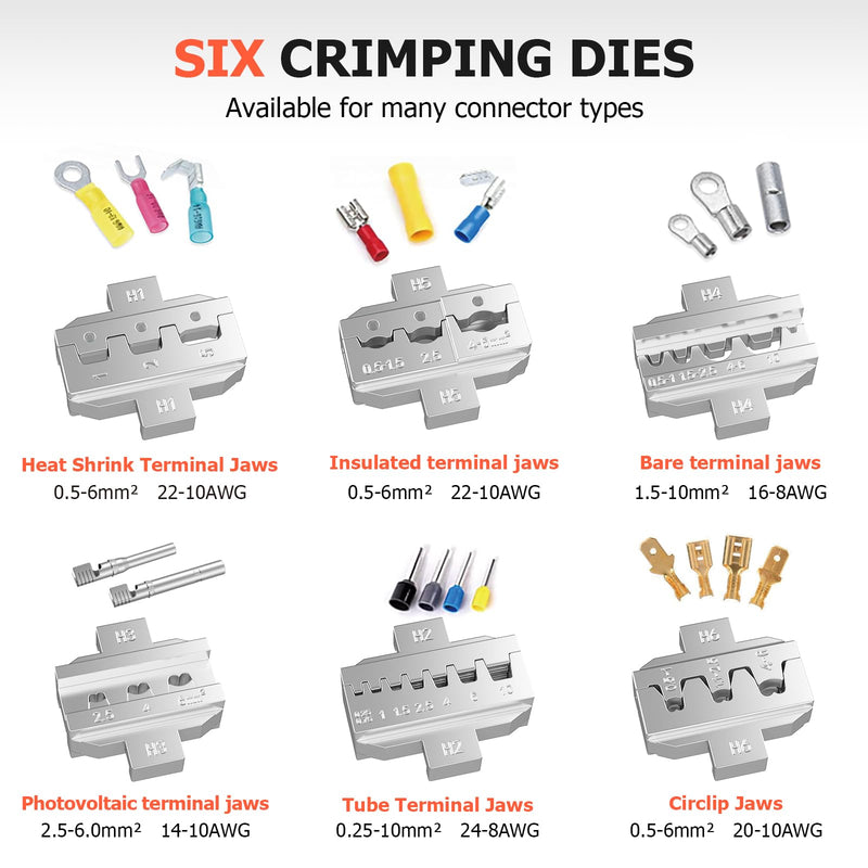 Preciva 6 PCS Crimping Tool Set, Ratcheting Wire Crimper Tool for Heat Shrink,Insulated Nylon,Non-Insulated Connectors,Open Barrel,Ferrule Terminals,Solar Connectors(6 Dies) 6 Dies