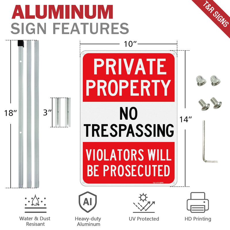 T&R Large Private Property No Trespassing Sign with 54" Stake for Outside - 2 Pack - 14"x10" .040 Rust Free Aluminum, Reflective, Waterproof, Weatherproof and Fade Resistant, 6 pre-drilled holes,Includes Matching Screws & Wrench, Easy to Mount