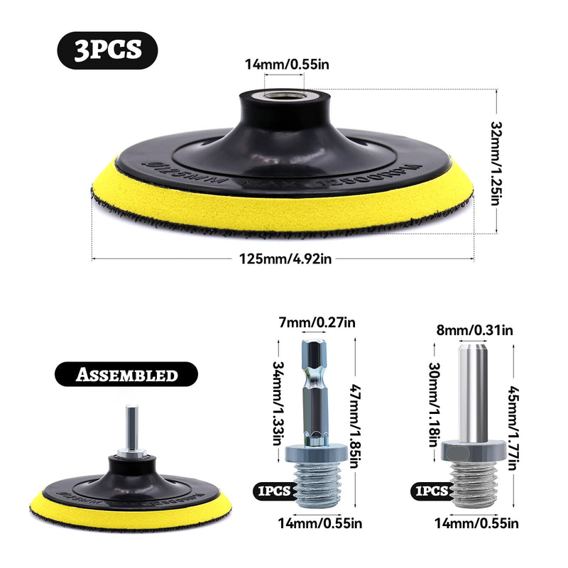 [Australia - AusPower] - WYYFXY® Pack of 3 Velcro Sanding Discs 125 mm Velcro Sandpaper Disc for Random Orbital Sanders / Angle Grinders with Drill Adapter M14 Including Mandrel for Sandpaper Sanding Discs 
