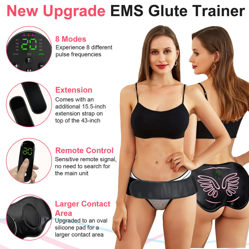 Booty Trainer for Women, Butt Lifting Machine Glute Muscle Stimulator, 8 Modes & 20-Level Intensity Muscle Toner Stimulator Adjustable Abs Stimulator, Home Workout Equipment with Extension Strap Black