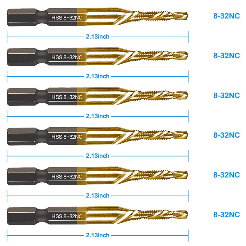 [Australia - AusPower] - 6-pc 8-32NC Combination Drill Tap Bit Set SAE, 8-32NC Thread Size, Titanium Coated High-Speed Steel, Ideal for Drilling Threading and Countersinking in Soft Metal Wood and Plastic, 1/4 Hex Shank 6 Pcs 8-32NC 