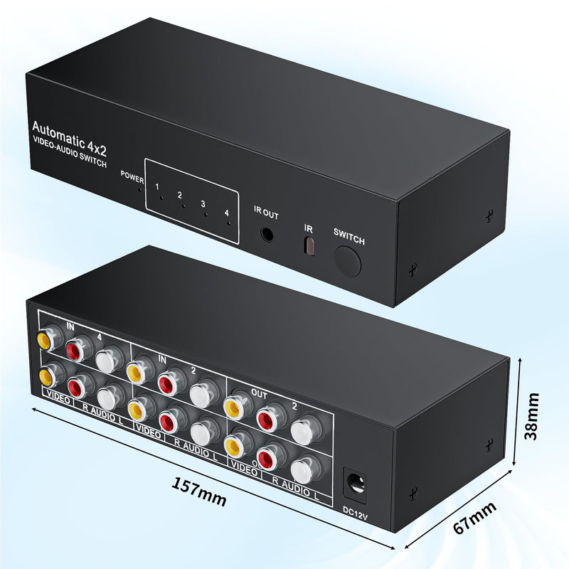 BolAAzuL RCA Switch Splitter 4 in 2 Out - Composite Video L/R Audio Selector Box 4X2, 4-Way RCA Switcher - 4 Port AV Splitter Selector Switch - for Wii PS2 Xbox DVD STB HDTV