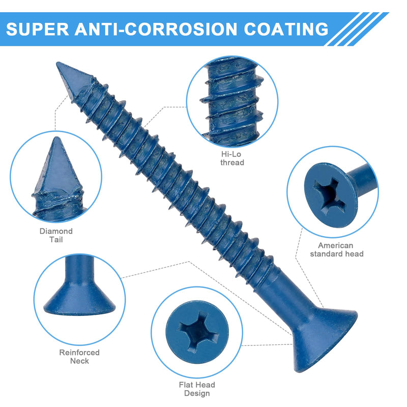 80 Packs, Concrete Screw Anchor, 3/16" x 1-1/4", Blue Flat Head Screws for Anchoring to Masonry, Brick, Block, Cement or Stucco 3/16" X 1-1/4" 80pcs