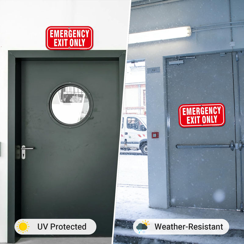(2 Pack) Emergency Exit Only Signs, 12" x 6" Emergency Exit Sign, Rust Free Reflective Aluminum, Fade/Weather Resistant, UV Protected, Indoor/Outdoor Use, Easy to Install