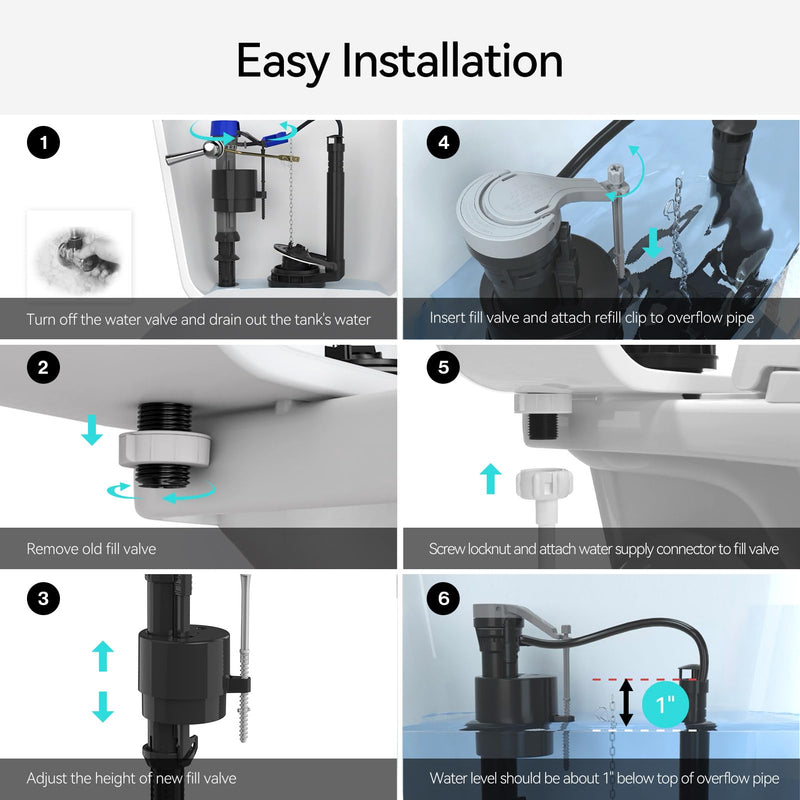 R&T Toilet Fill Valve A1320, Toilet Repair Kit Inside Tank, Universal Toilet Replacement Kit, Quiet and Fast Stop Toilet Leaks, Height Adjustable, Easy to Install No Plumber Required