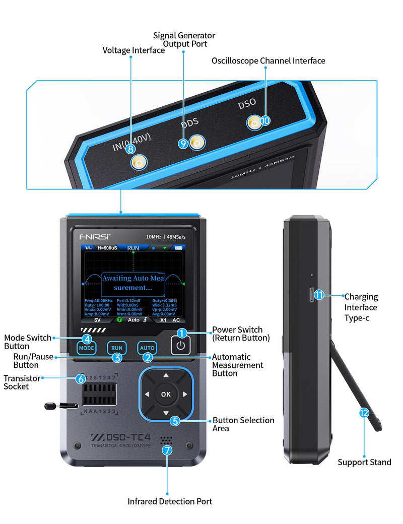 FNIRSI DSO-TC4 Handheld Oscilloscope, 10MHz Bandwidth 48MSa/s Sampling Rate Transistor Tester Digital Oscilloscope DDS Signal Generator 3 in 1, Voltage Continuity Zener Diode Triode Component Tester