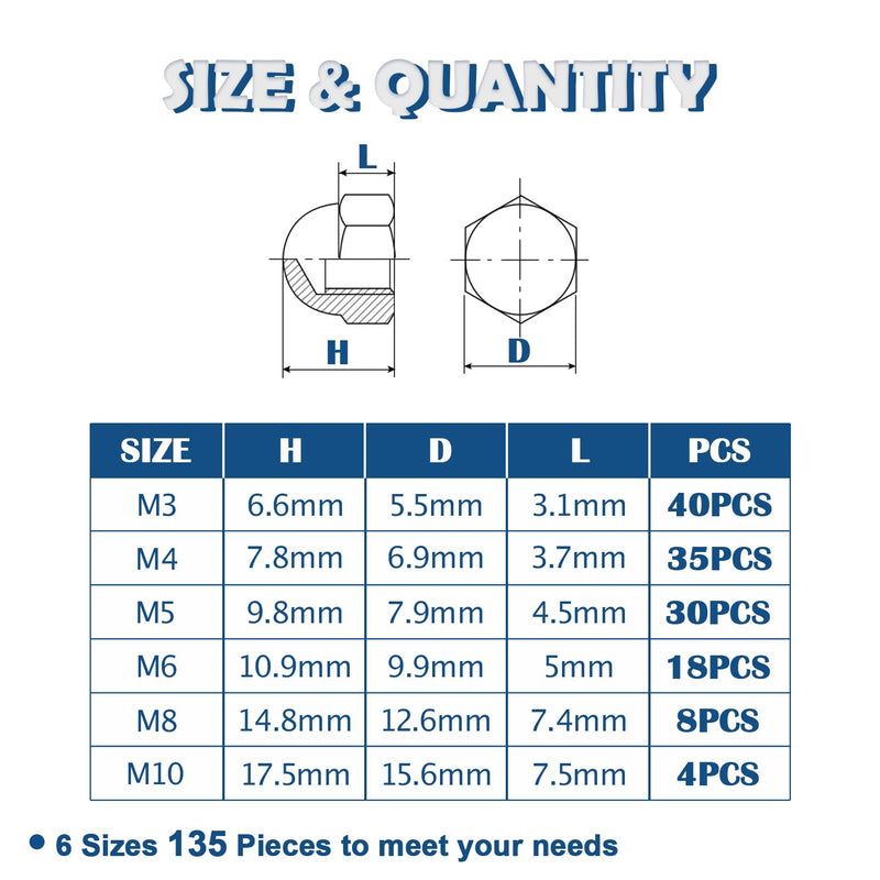 [Australia - AusPower] - 135PCS Metric Nylon Acorn Cap Nuts Assortment Kit M3 M4 M5 M6 M8 M10 Female Thread Dome Hex Nut Caps Covers Set OLA003 