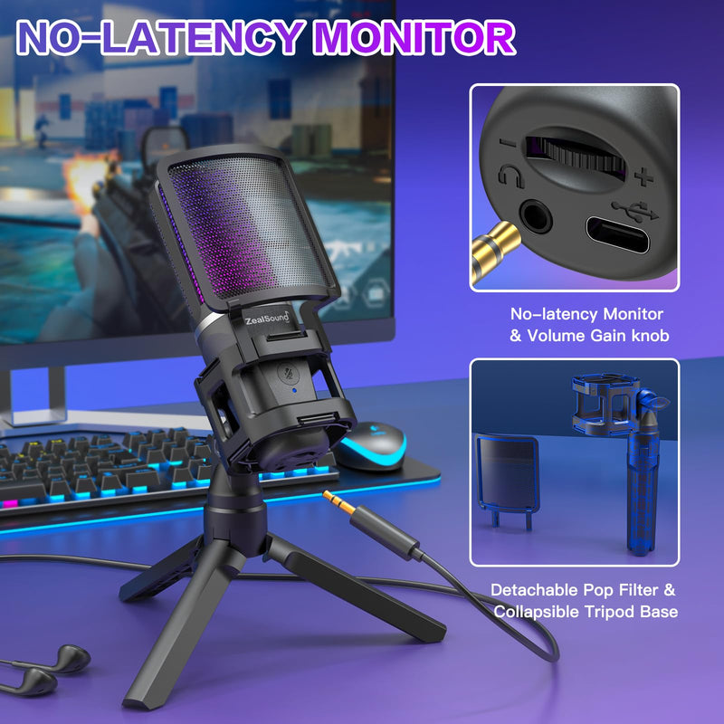 [Australia - AusPower] - ZealSound Gaming USB Microphone for PC,RGB Condenser Computer Mic with Tripod Stand,Quick Mute,Gain Control for Gaming,Streaming,Podcasting,Recording,ASMR,Cardioid Mic Kit for Laptop/PS4/PS5/Phone RGB 