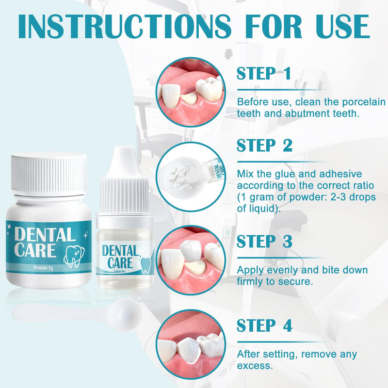Dental cement self-hardening durable, tooth adhesive for crowns, 5 g + 5 ml | Dental denture glue, solution for crowns, bridges, dental caries and lost fillings, dental filling repair kit