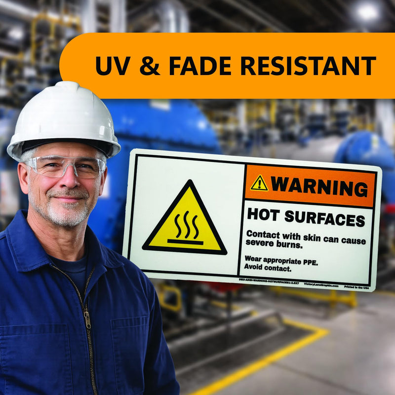 Hot Surface Warning Labels – ANSI Z535 Style WARNING Decals, 3.5” x 7” (Pack of 10) | Burn Hazard, PPE Required | Industrial Safety Stickers by Victory Lane Graphics