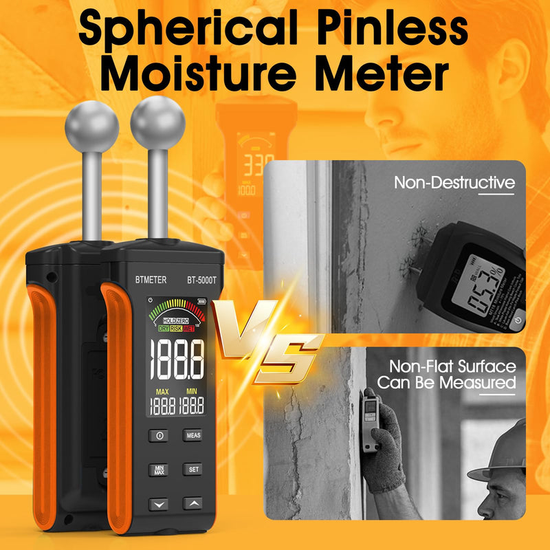 [Australia - AusPower] - BTMETER Wood Moisture Meter - Pinless Moisture Detector Measur Depth 20-40mm Non-Destructive Moisture Tester with Masonry Spherical Sensor Sound Alarm LCD Display for Firewood Walls Flooring Concrete 