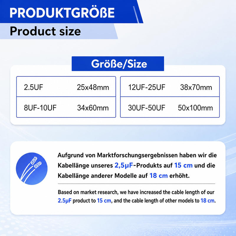 CBB60 450V 8uF 50/60HZ Starting Capacitor with Cable (Extended Version), 8µF AC Motor Operating Capacitor, AC Motor Capacitor, for Household Appliances such as Electric Motors and Air Conditioners etc 8.0 Mikrofarad