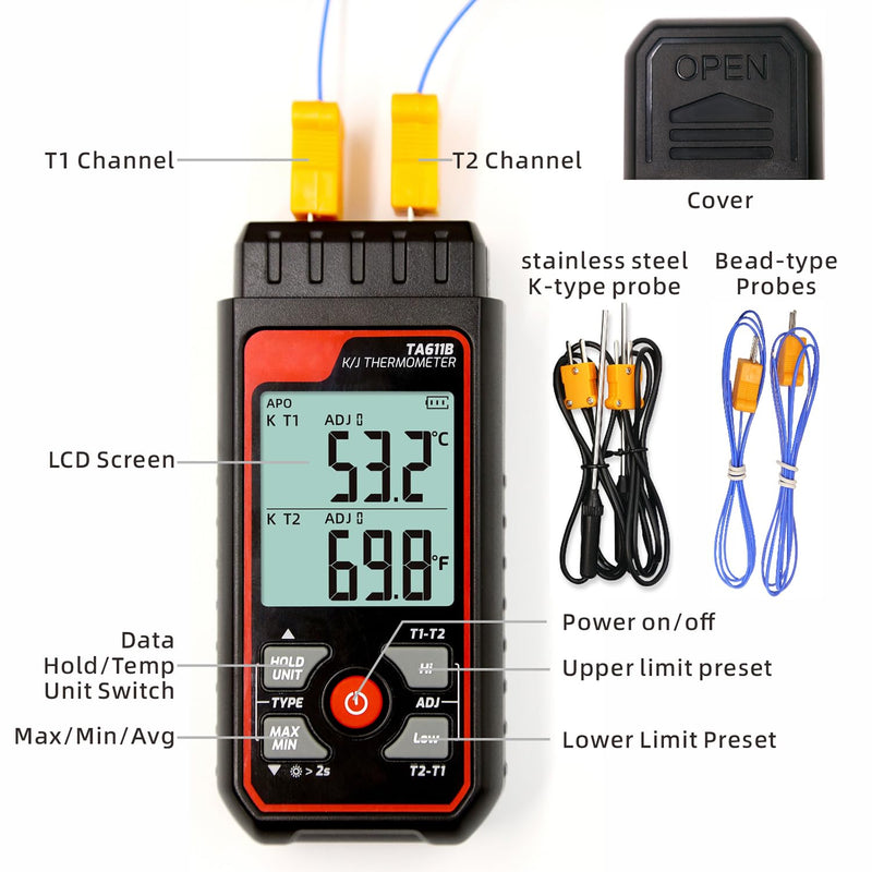 [Australia - AusPower] - Thermocouple Thermometer Digital K/J Type Temperature Thermometer w/ 4 K-Type Thermocouples, Dual-Channel HVAC Temperature Meter -328~2501℉ Measuring Range with Backlit LCD, Alarm & ADJ Compensation 