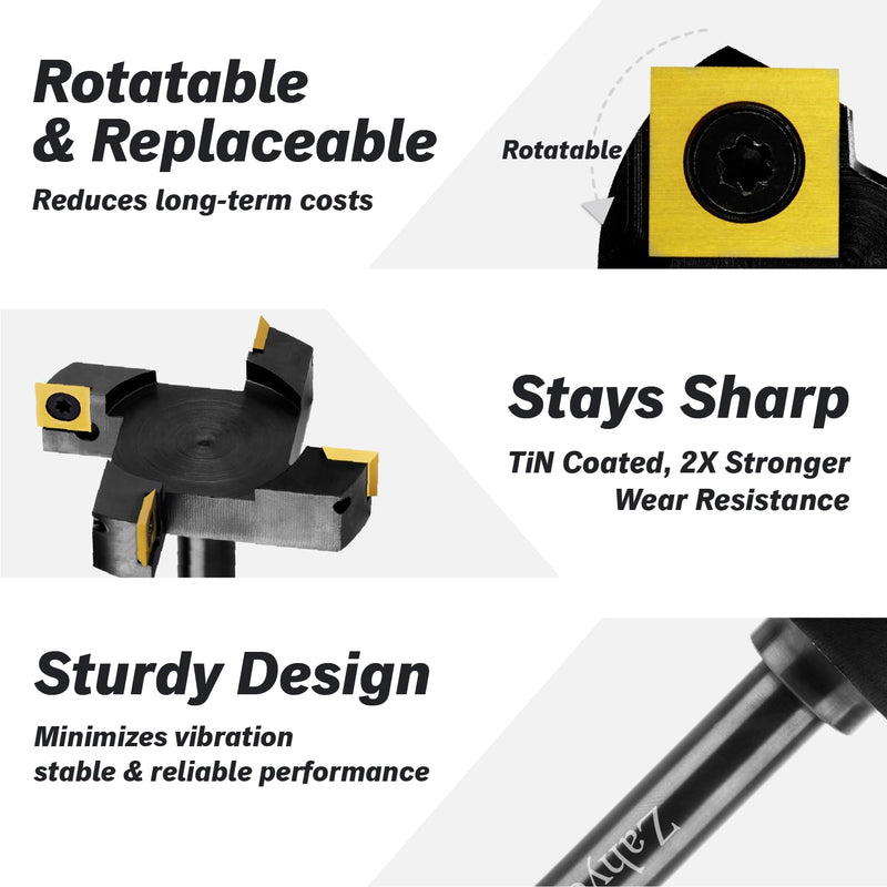 ZahyoX CNC Spoilboard Surfacing Router Bit, 1/2" Shank, 4 Wings, 3" Cutting Diameter, TiN Coated Insert Carbide Slab Flattening Router Bit, Planing Bit Wood Planer Bit for Woodworking 4-Wing