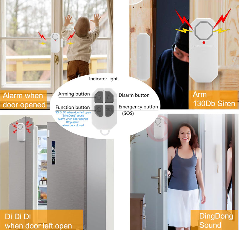 Door Window Alarm When Opened for Home Security with Remote, Wireless Door Sensor Alarm for Kids Safety with Adjustable Volume (4 Door Sensor 2Remote)