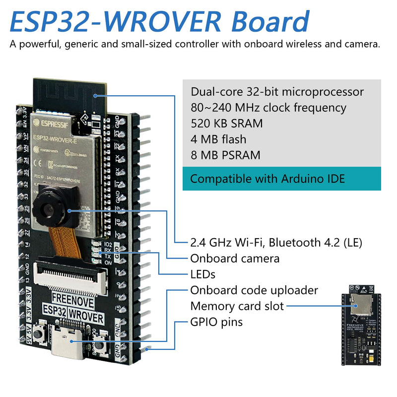 Freenove ESP32 Kit dev CAM Board Basic Starter Kit, Dual-Core 32-Bit 240 MHz Microcontroller, Onboard Camera WiFi+BT, 400 Pages Detailed Tutorial, Python C Code, 58 Projects, 141 Items With memory card slot and card