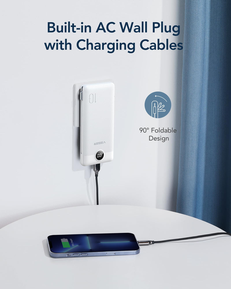 [Australia - AusPower] - VEGER Portable Charger for iPhone Built in Cables and Wall Plug, 10000mah Slim Fast Charging USB C Power Bank, Travel Essential Battery Pack Compatible with iPhones, iPad, Samsung, and More(White) B White 