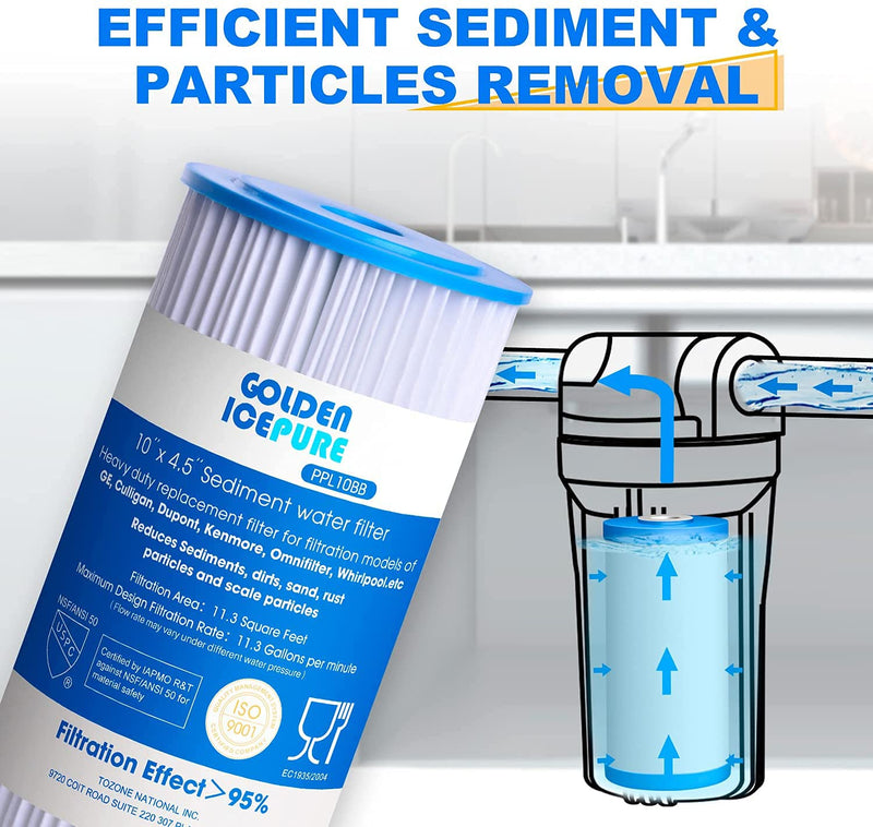GOLDEN ICEPURE PPL10BB, 5 Micron 10" x 4.5" Whole House Sediment Pleated Water Filter, Compatible with DuPont WFHDC3001, GE FXHSC, Culligan R50-BBSA, R50-BB, W50PEHD, GXWH40L, CP5-BBS 2-PACK