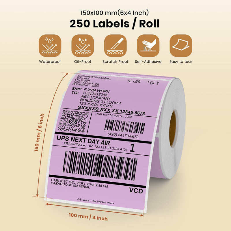 Purple Thermal Labels Vinyl 6 × 4 Inch Self-Adhesive Rectangle Stickers Roll Waterproof Printer Decals Shipping Tag for QR Code DIY Office Address 250 PCS Purple
