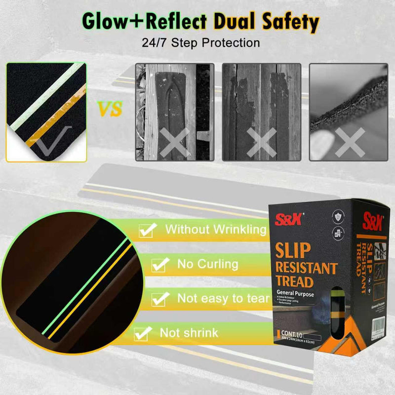 S&X 10-Pack Outdoor Stair Treads Non-Slip with Reflective & Glow-in-The-Dark Strips Pre-Cut 6" x 24" Heavy Duty Anti Slip Tape High Traction Waterproof – Perfect for Stairs, Ramps, Decks, Boats