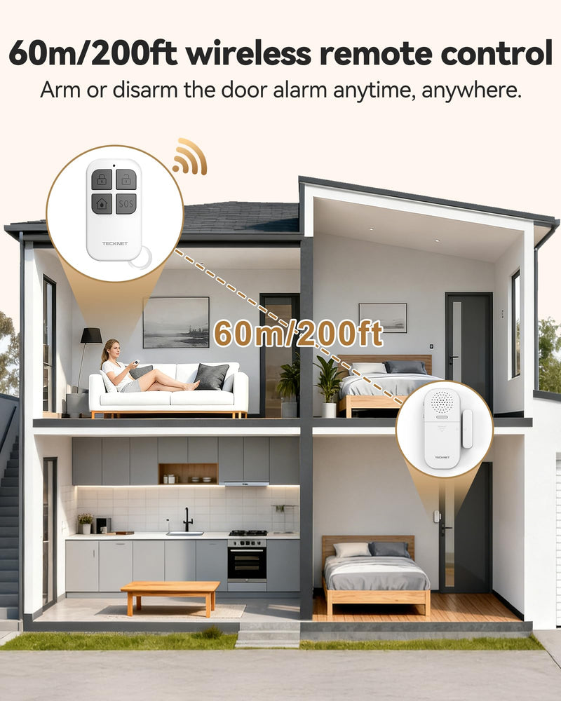 TECKNET Door Alarms When Opened for Kids Safety, 130dB Loud Adjustable Volume Window Alarm with Flashing LED, 4 Modes Door Alarm with Remote 60m/200ft, Easy to Install for Home Security, 4PCS White 4 PCS