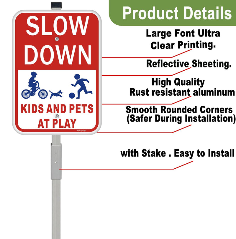 (2Pack) Slow Down Signs，Kids Playing Sign with Stake for Street - Children at Play Safety Signs with 36 Inches Metal Stakes & 14"×10" Reflective Aluminum Sign, Fade Resistant, water proof/weather proof, Easy to Install Style2-2pack with Stake