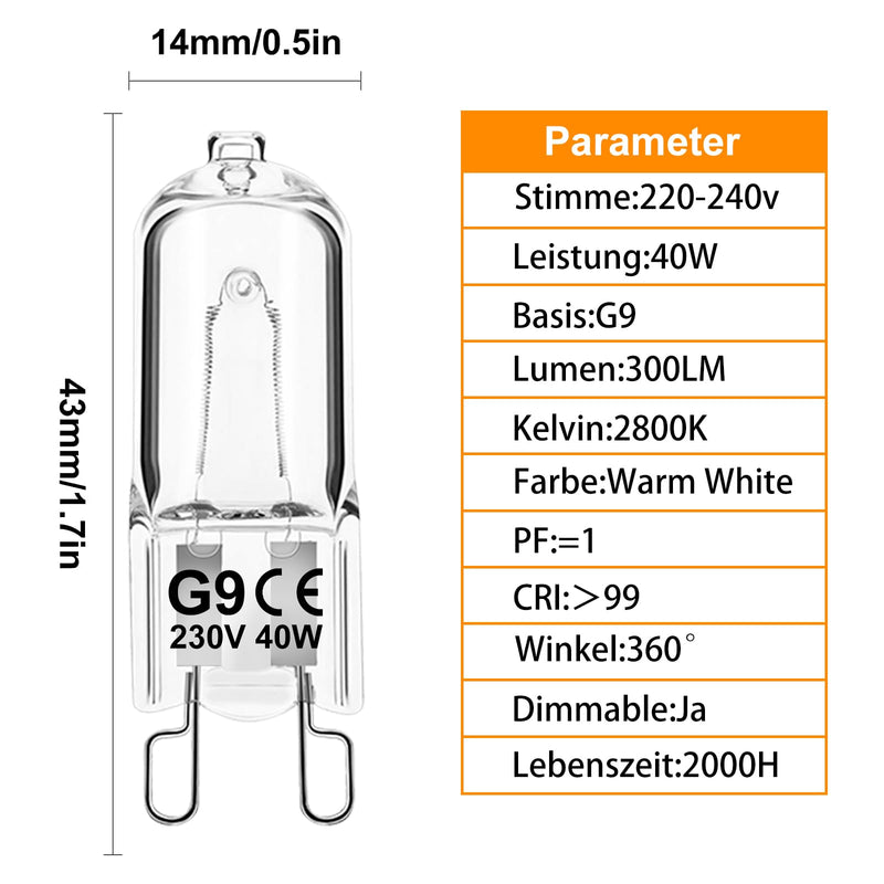 [Australia - AusPower] - Jaenmsa G9 Halogen Bulbs, Pack of 12, G9 40 W, 230 V, Dimmable Halogen Bulbs, Non-Flicker Capsule Bulbs, Warm White Lamps 2700 K for Oven Lamp, Ceiling Lights, Candlesticks 40W-12 Piece 