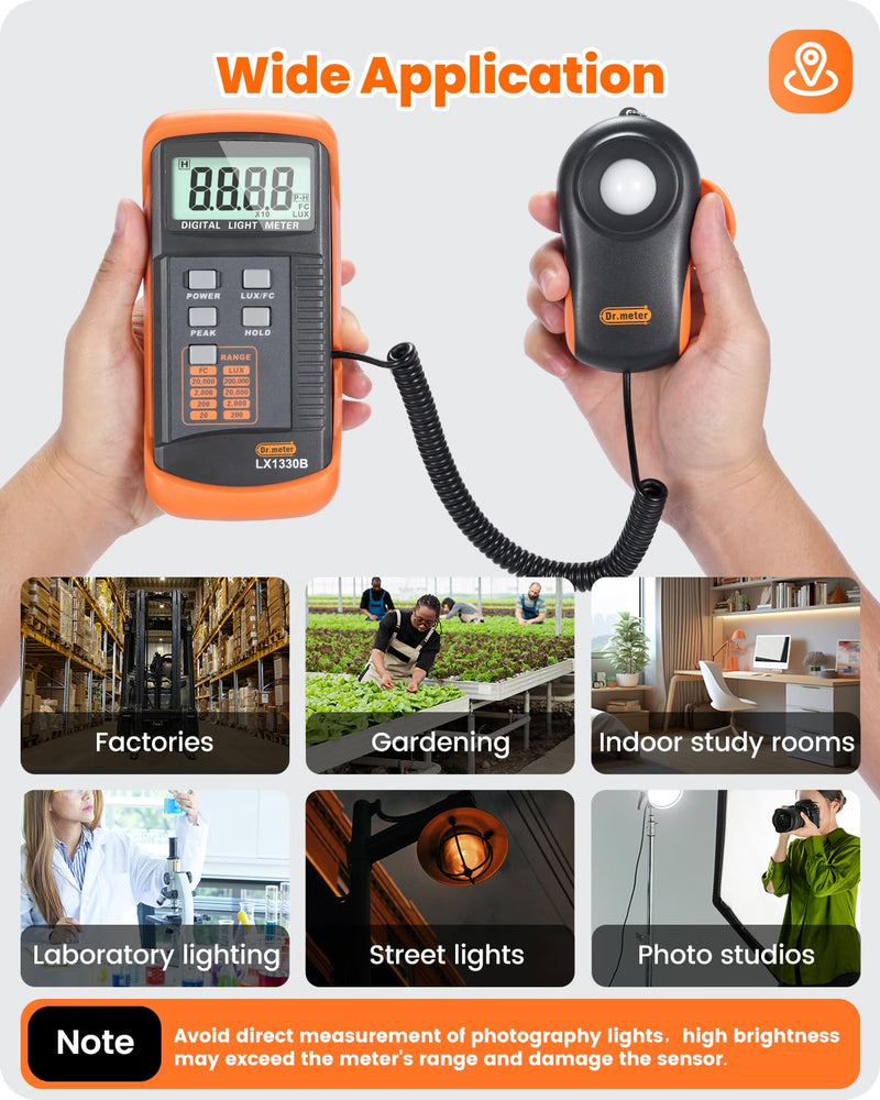 [Australia - AusPower] - Dr.meter LX1330B Digital Illuminance Light Meter, 0-200,000 Measurement Range Lux Meter, Lighting Intensity Brightness Measurement for Indoor Outdoor, Light Meters for Plants 
