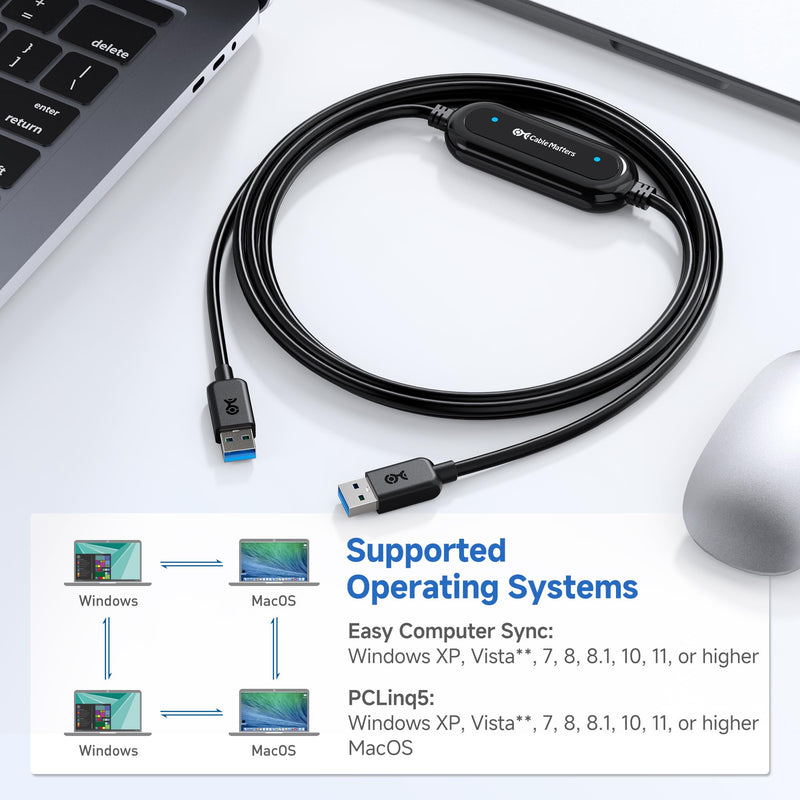Cable Matters USB 3.0 Data Transfer Cable PC to PC for Windows, USB Transfer Cable, 6.6 ft, Easy Computer Sync Software Key Included, Works with Windows 11/10/8/7/Vista/XP, PCMover, Software Required