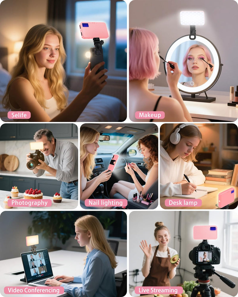168 LED Selfie Light for iPhone, Phone Light, 3000mah Rechargeable Picture Light Clip Portable Lights for Phone, Camera, Laptop, iPad, 3 Lights Modes for Makeup, Video Conference, TikTok, Vlog (Pink) Pink