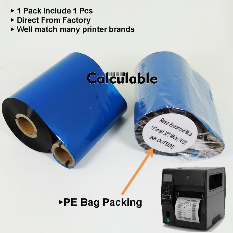 [Australia - AusPower] - 4.33" x1476' (110mmx450m) Thermal Transfer Ribbon Ink Outside Wax Ribbons Resin Enhanced Wax for Zebra GK420D SM4 ZT410 GC420t GK420t GX420t GX430t Tec Datamax Intermec Citizen Printer Resin Enhanced Wax 4.33"x1476' 