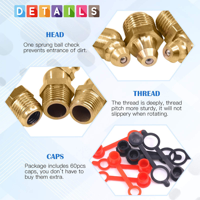[Australia - AusPower] - Glarks 156Pcs Metric & SAE Straight and 45 Degree and 90 Degree Hydraulic Grease Brass Zerk Grease Nipple Fitting with 60Pcs M6 M10 Caps Assortment Kit 