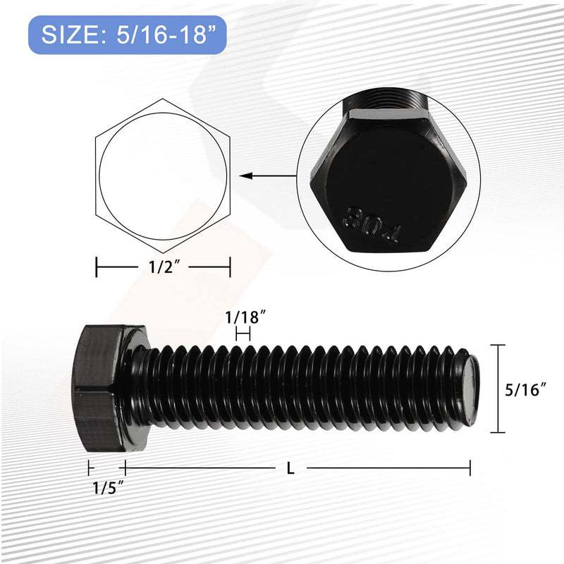 [Australia - AusPower] - 5/16-18 x 2-1/2“ Hex Head Bolts, Fully Threaded, Stainless Steel 304(18-8) Bolt, Black Oxide Finish, Quantity 10 5/16-18 x 2-1/2" 
