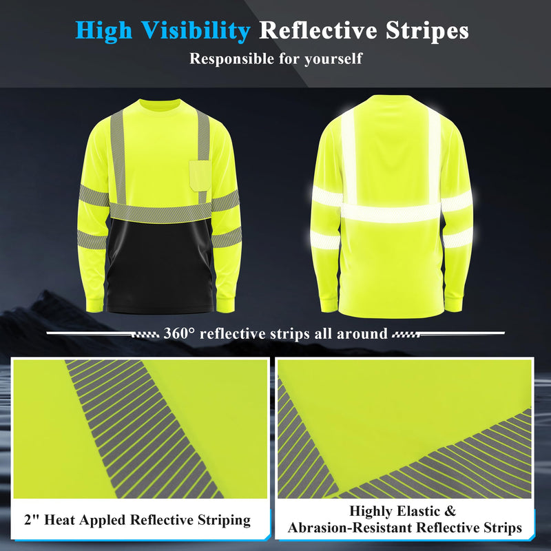 W&H Men's Class 3 High Visibility Long Sleeve Safety Shirt, UPF 40+ Sun Protection Quick-Dry Reflective Work Tee with Pocket Yellow 4X-Large