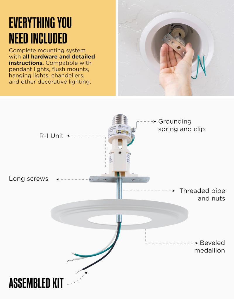 The Can Converter R1 Recessed Can Light Conversion Kit w/ 8¼" Steel Beveled Ceiling Medallion - Home Improvement for 4", 5" & 6" Cans, Fan & Light Fixture Converter Kit, UL Certified, White