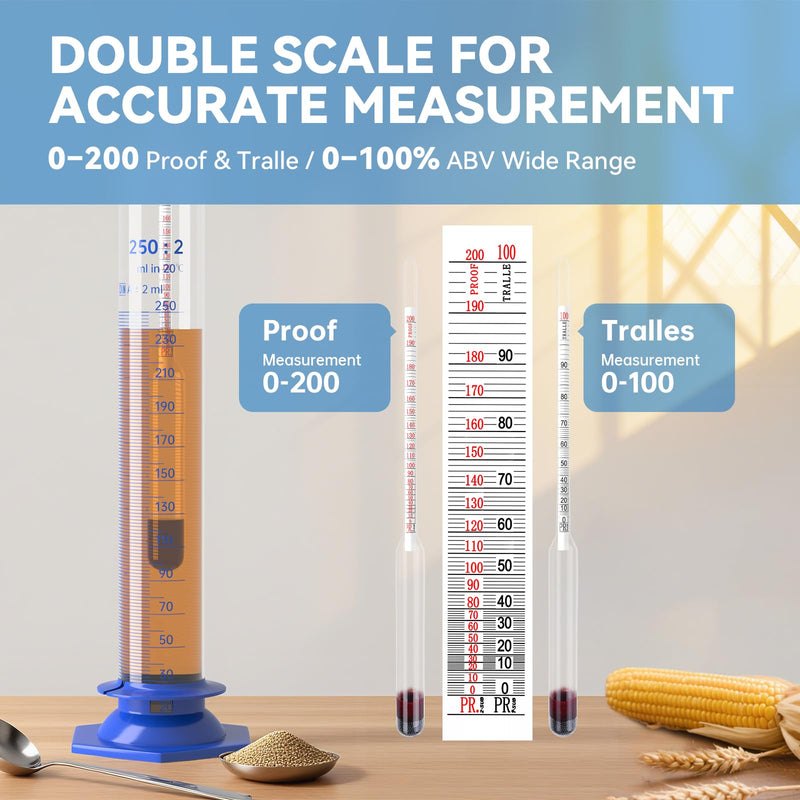 [Australia - AusPower] - Hydrometer Alcohol 0–200 Proof & Tralle with Glass Test Jar Kit, Lab-Grade Glass Dual Scale for Accurate High-Proof Spirit Testing Moonshine Whiskey Spirits Liquor Proofing Distilling 