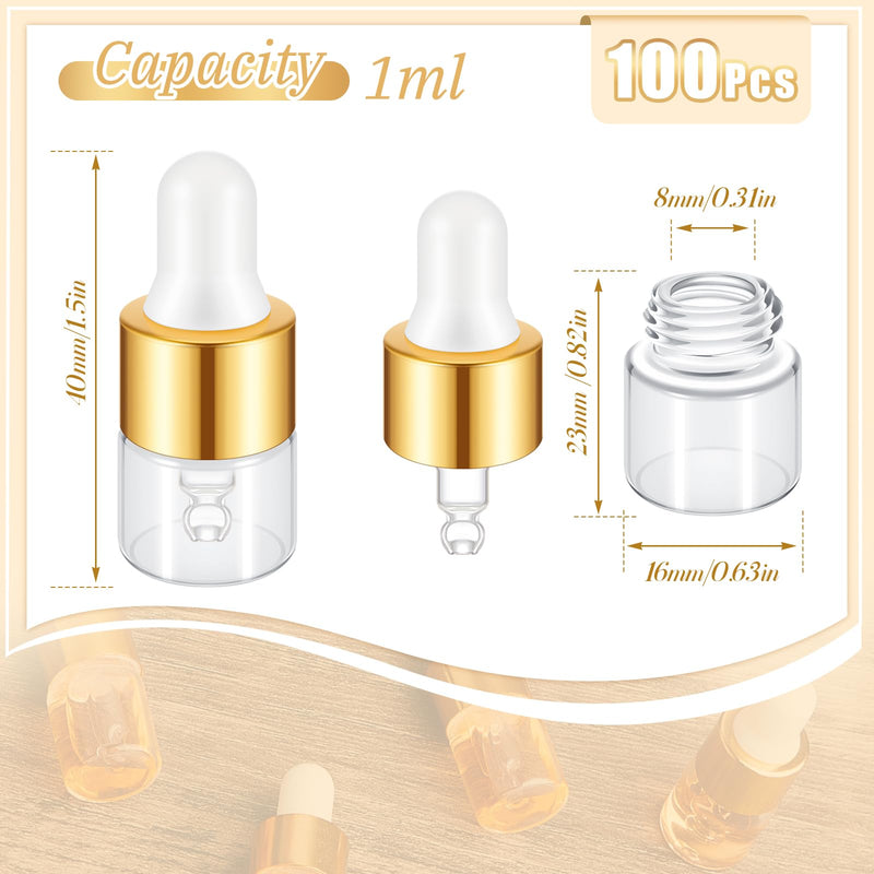 [Australia - AusPower] - 100 Pcs Mini Glass Dropper Bottle Bulk Clear Essential Oil Dropper Bottles Small Glass Dropping Sample Containers Perfume Liquid Cosmetic Sample Vials with Cap for Traveling (Gold,1 ml) Gold 1 ml 